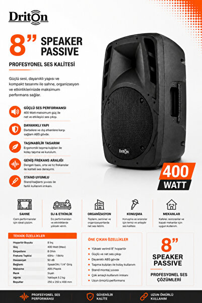 DRİTON DRT-008 8INC 20CM PLASTİK PASİF KABİN HOPARLÖR