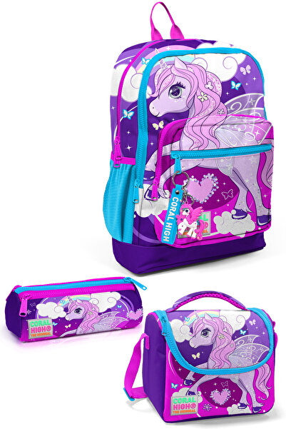 Coral High Set de genți de școală din 3 piese cu model unicorn mov roz pentru...
