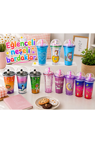 Aşkana Sevimli Figürlü Kristal Plastik Pipetli Bardak,450 ml, Özel Tasarım Pi...