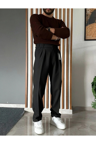 Uzun Dil Detaylı Pileli  Baggy Kumaş Pantolon