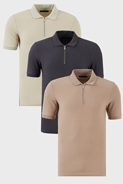 Buratti Cotton Regular Fit Half Zipper 3 Pack Polo Neck t Shirt Men's Polo Ne...