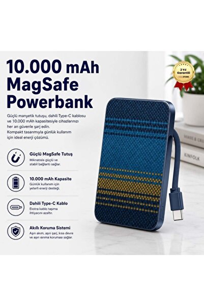 hızlı store 10.000 mAh Dahili Magsafe Type-C Kablolu Powerbank Karbon Desenli...