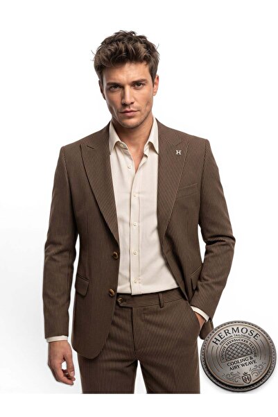 HERMOSE Riviera |   Havana Coffee Textured Gofre Striped Vest Set Suit