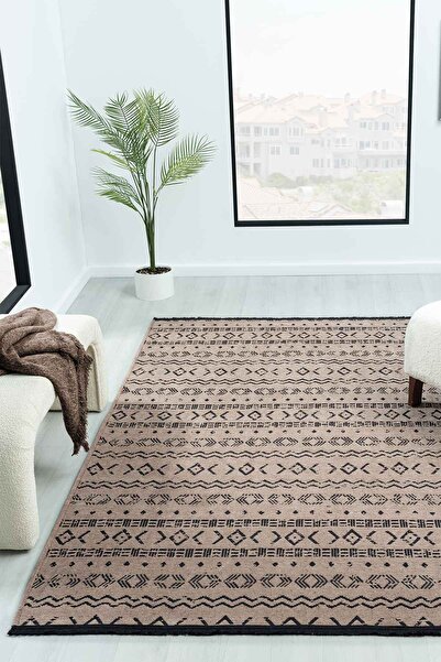 VİTALİHOME Gaia Bej Halı Yıkanabilir Kaymaz Taban Şönil Kilim Dokuma Pamuk Ta...