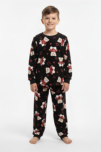TOFİSA Set de pijamale din piele intoarsa cu imprimeu negru pentru baieti - 2...