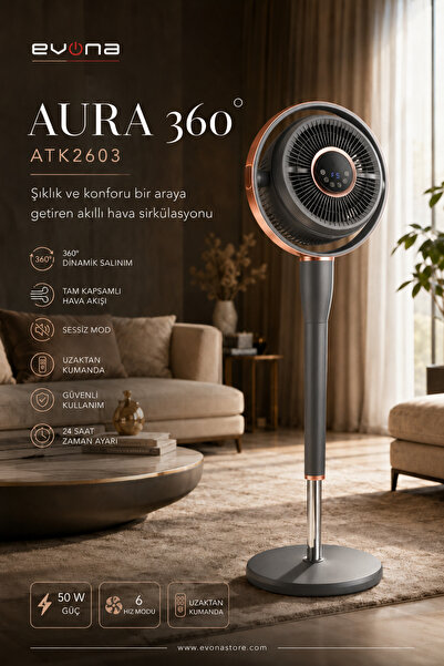 evona Aura 360 ATK2603 360° Dinamik Salınımlı Sessiz Vantilatör, Uzaktan Kuma...