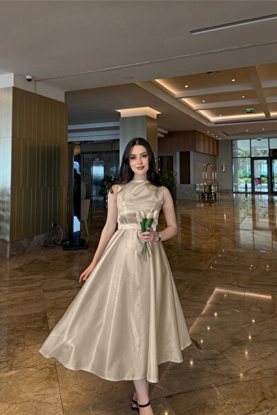 Nika Fashion Elya Gold Bej Midi Boy Kolsuz Saten Abiye Elbise