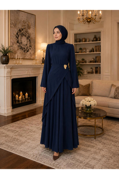Butik Lacivert Modal Kumaş Belden Tokalı Elbise Modelimiz