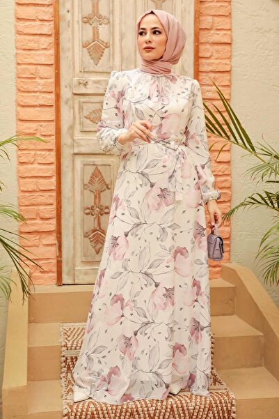 Neva Style Çiçek Desenli Ekru Tesettür Elbise 279017E