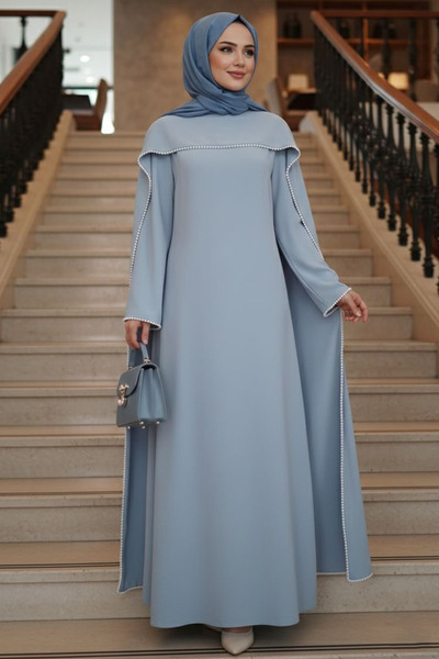 N.S NEVA STYLE Gray Hijab Evening Dress with Cape 55481Gr