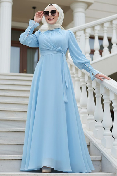 Neva Style Βραδινό φόρεμα Baby Blue Hijab με λεπτομέρεια με κορδόνια 48051BM