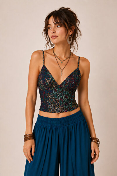 Clandestino Desenli V Yaka Askılı Crop Top Turkuaz