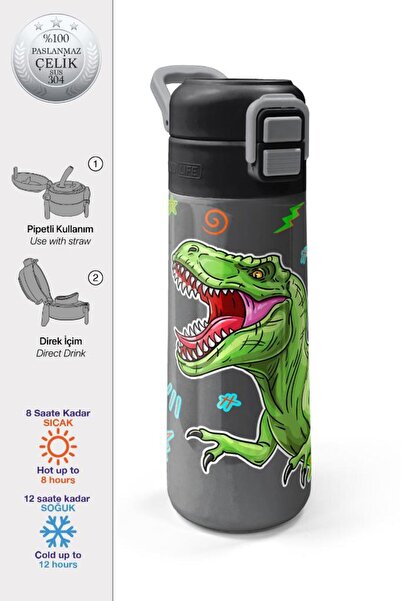 Coral High Kids Siyah Gri Dinozor Desenli Pipetli ve Direkt İçim Çelik Termos...