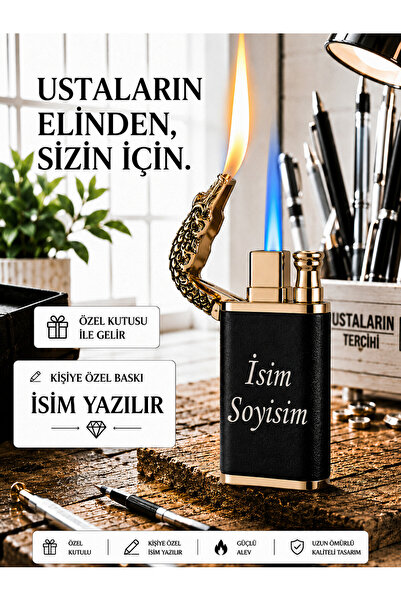 TrendÜrünlerim Kişiye Özel İsim Baskılı Gazlı Çakmak Timsah Ejder Çakmak Rüzg...
