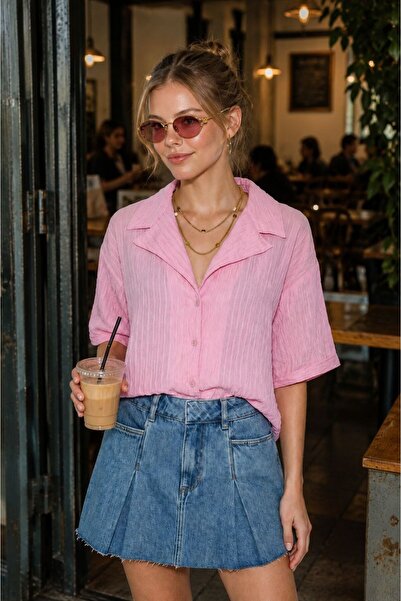 Bold Icon Kendinden Çizgi Dokulu Oversize Açık Yaka Gömlek