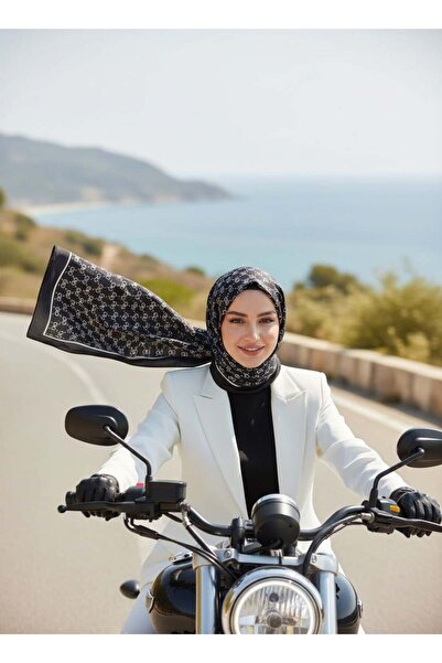 Vissona %100 Saf İpek Şal İnce Saten Vual Dokuma Minik Motif Desenli Siyah - ...