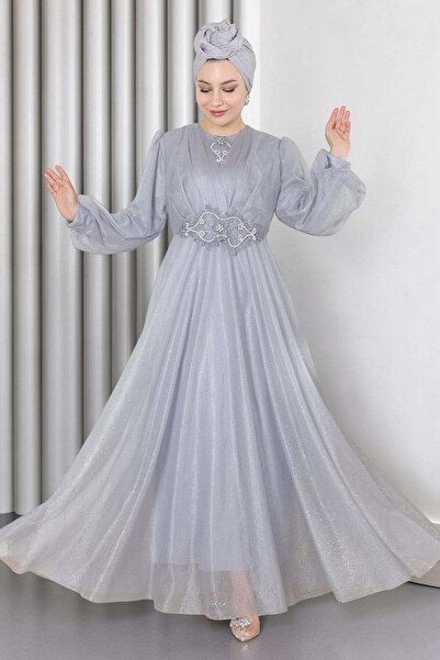 Missvalle Pearl Detailed Draped Glittery Evening Dress Gray 19189