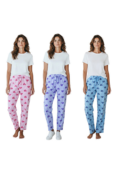 urumbay 3-Piece Women's Patterned Ribbon Thin Pajama Bottoms