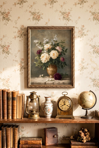 epiqart Şakayık ve Beyaz Çiçek Buketi - Vintage Desenli Çerçeve - İnce Model
