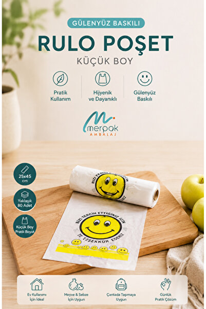 Merpak Ambalaj Rulo Poşet Küçük Boy 24x45 Cm Gülenyüz Baskılı Poşet Atlet Poş...