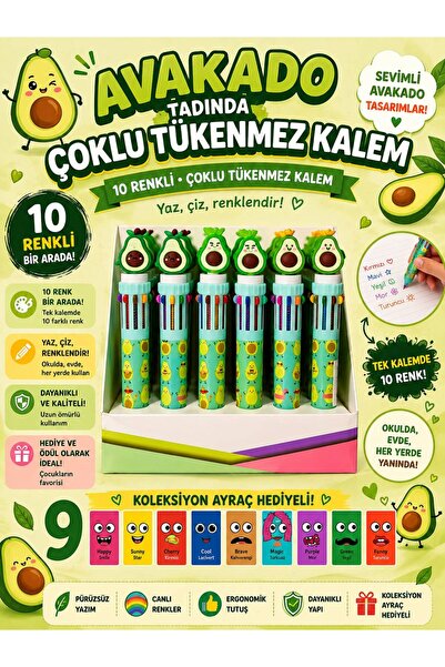 Pembe Pasaj 10 Renkli Avokado Tükenmez Kalem - Çoklu Tükenmez Kalem Multi Color