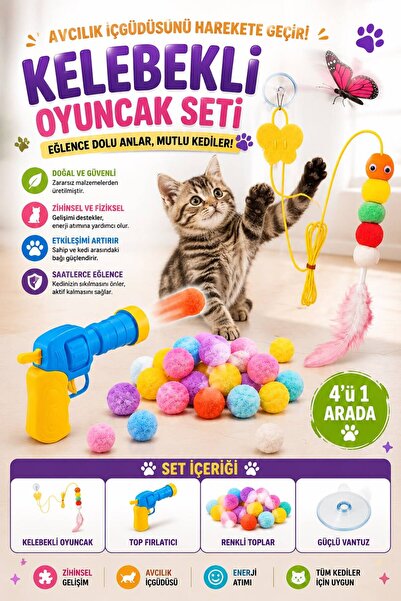 Petshop Ponpon Top Fırlatma Tabancası + Vantuzlu Solucan Kedi Oltası 2’li İnt...