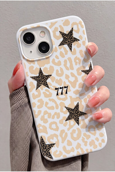 KVK PRİVACY iPhone 13/14/15 Uyumlu 777 Leopar Desenli Yıldız Detaylı Kadifems...