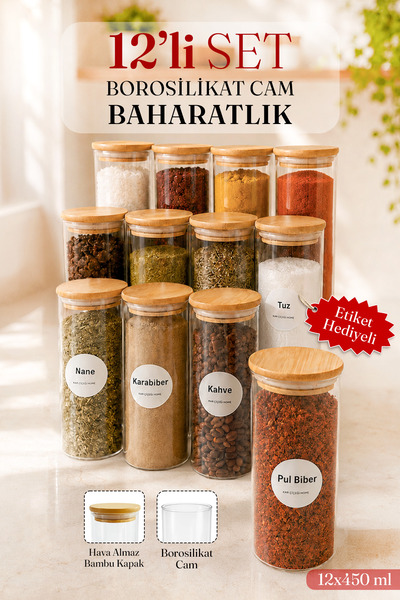 naturelove 12 Adet Bambu Kapaklı Vakumlu Baharatlık Seti, Baharat Saklama Kav...