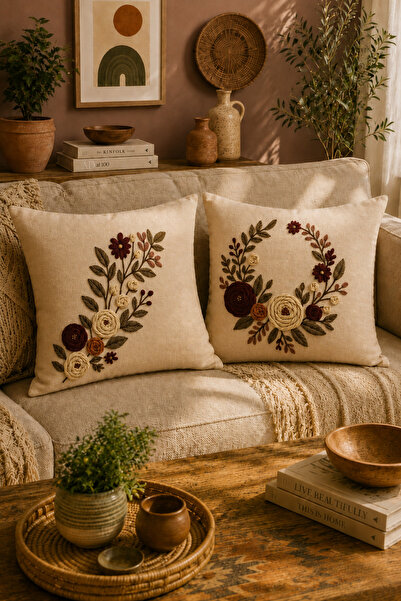 Belle Benoit Set de 2 huse de pernă decorative cu model de broderie, imprimar...