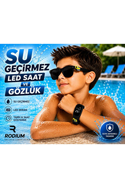Rodium ساعة يد للأطفال مع مجموعة نظارات LED باللون الأسود مع إيموجي على شكل م...