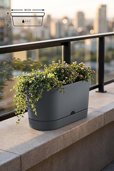 ToXA 5.5 Litre Gri Begonya Balkon Saksı Dekoratif Tabaklı Izgarasız Mat Plast...