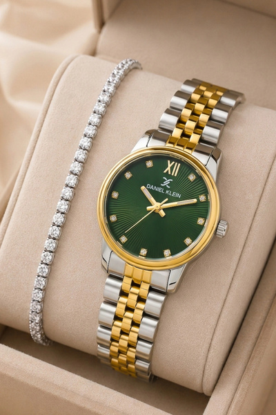 Daniel Klein Women's Wristwatch Silver-Gold-Green Color Steel Band & Case Sdd...