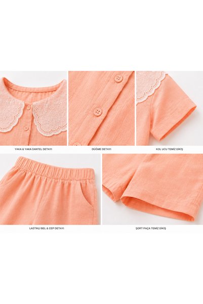 Kidscocuk Girl's Muslin Shirt Shorts Set with Collar Detail Cotton Summer Set 3-10 Years