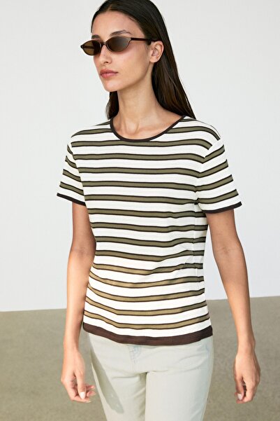 Massimo Dutti %100 pamuklu kısa kollu çizgili t-shirt
