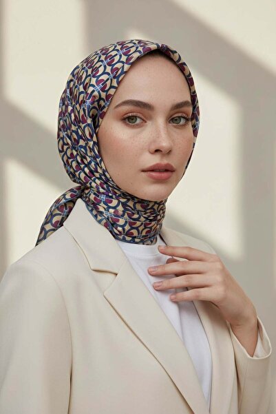 Vissona 100% حرير مزدوج بنمط هندسي بيج - لون البرقوق 90x90 وشاح طريقة الخياطة...