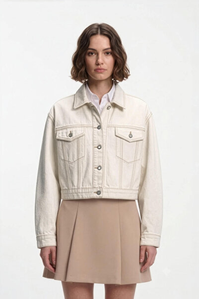 BANNY JEANS Women's Ecru Shirt Collar Crop Jean Jacket