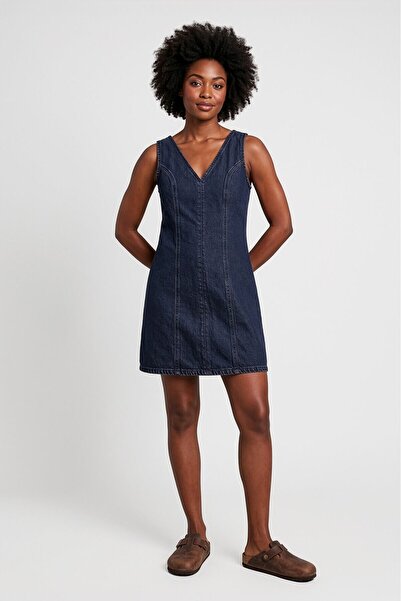 blue white Women's V-Neck Sleeveless Navy Blue Mini Denim Dress