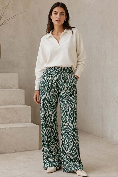 Madmext Pantaloni verzi cu picior largi, cu model, cu talie elastică MG2051