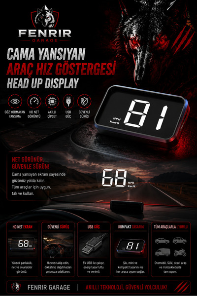 Fenrir Garage Cama Yansıyan Araç Hız Göstergesi Head Up Display