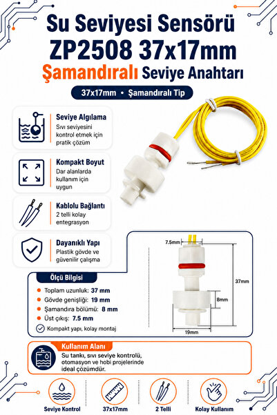 RobotikDepo Su Seviyesi Sensörü ZP2508 37x17mm - Şamandıralı Seviye Anahtarı