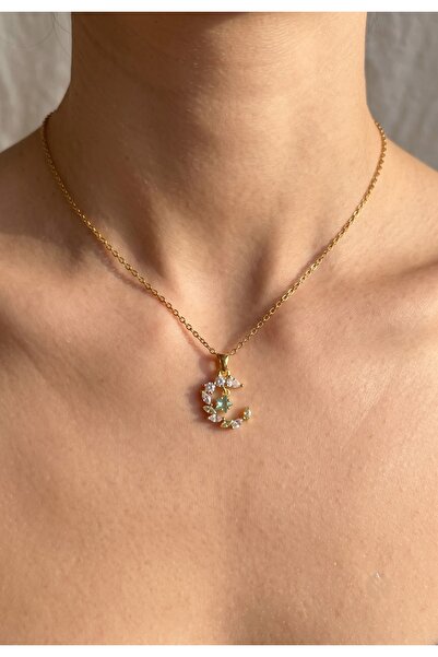 Işıltılı Taşlı Moon Floral Kolye