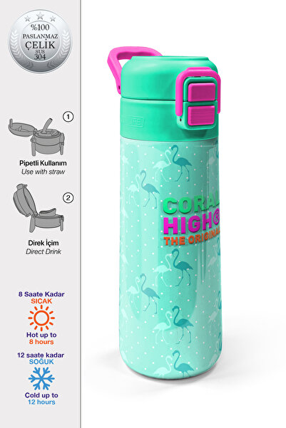 Coral High Kids Water Green Neon Pink Flamingo Patterned Steel Thermos with S...