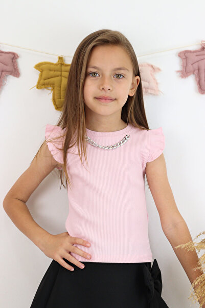 Breeze Tricou pentru fete cu centură și accesoriu lanț la guler, 9-14 ani, roz