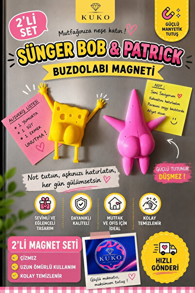 KUKO DESIGN Sünger Bob & Patrick Buzdolabı Magneti 2’li Set |Mıknatıslı Not T...