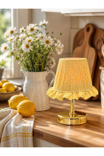 Maison Avf Sarı Pötikare Desen Kumaş Parlak Gold Ayaklı Kablosuz Şarjlı Gece ...