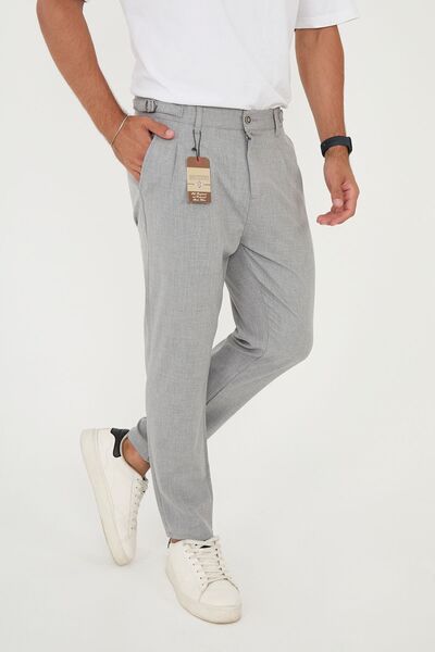 BROCARD Men's Italian Cut Boyfriend Gray Fabric Trousers with Buckle Belt