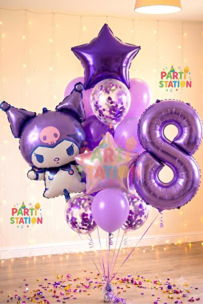 Parti Station Sanrio Kuromi 8 Yaş Mor Balon Set Anime Hello Kitty Kuromi Kons...