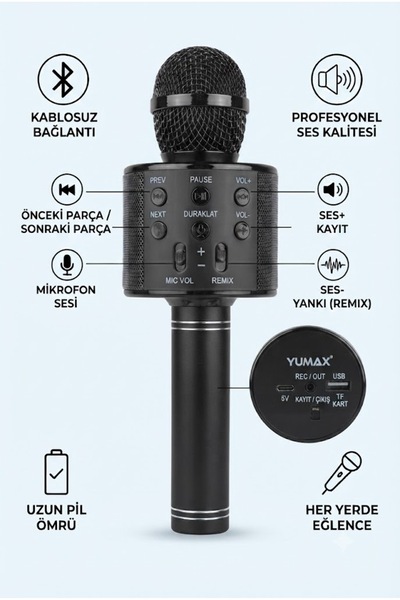 yumax Kablosuz Karaoke Mikrofon – Bluetooth, 60 Desibel Metal Gövde, USB & SD...