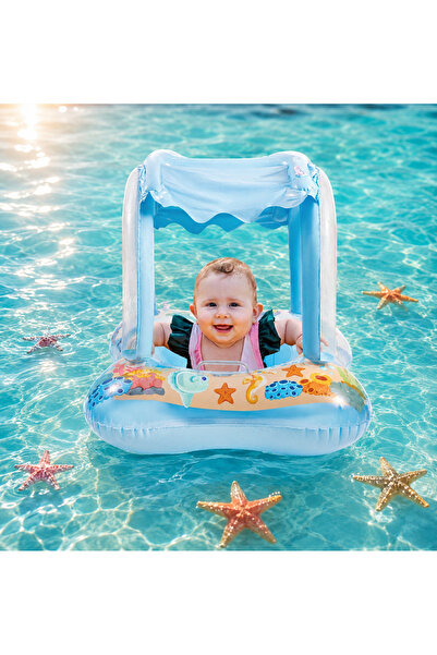 RAMEH Kara Mavi Gölgelikli Tenteli Çocuk Deniz Simiti Baby Float Bebek Deniz Simiti 0-3 Yaş Bebek Botu