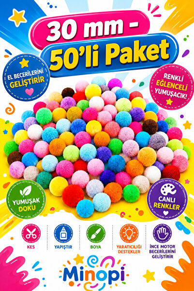 Minopi Renkli Ponpon Peluş Top 50'li Paket 30 mm Hobi Tasarım Anasınıfı Kreş ...